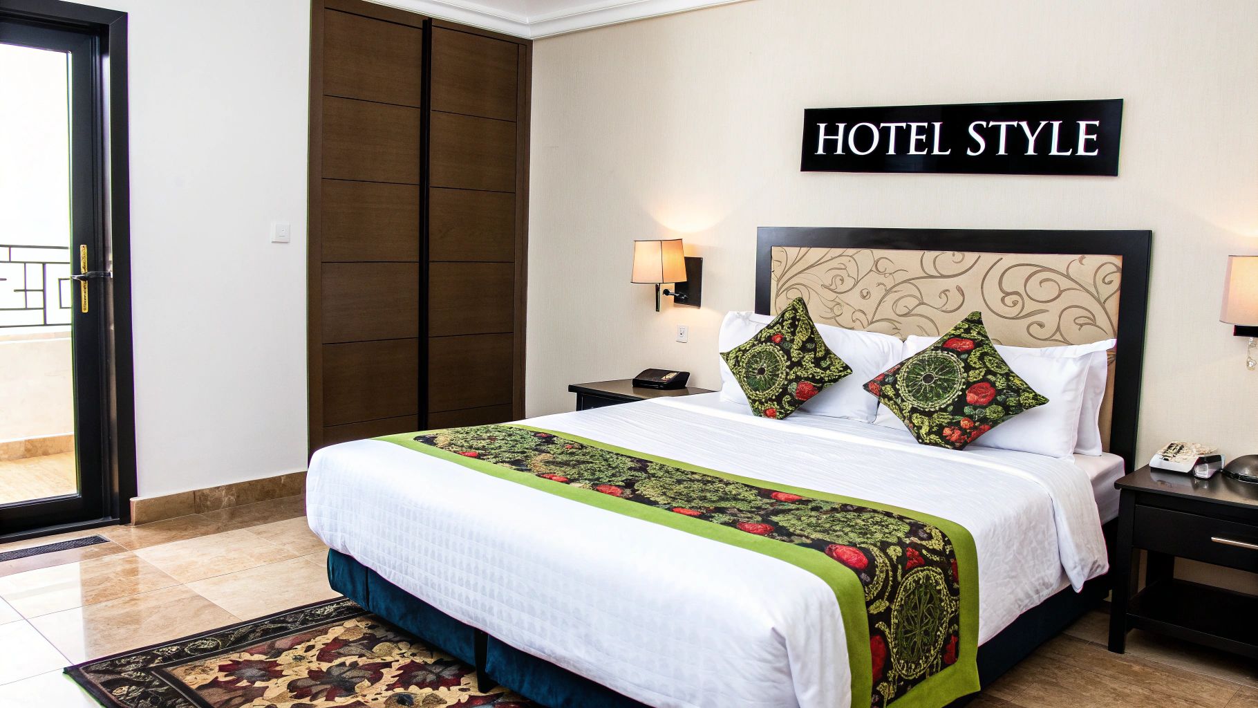 A beautifully layered bed with a perfectly styled king size flat sheet, pillows, and a throw blanket.