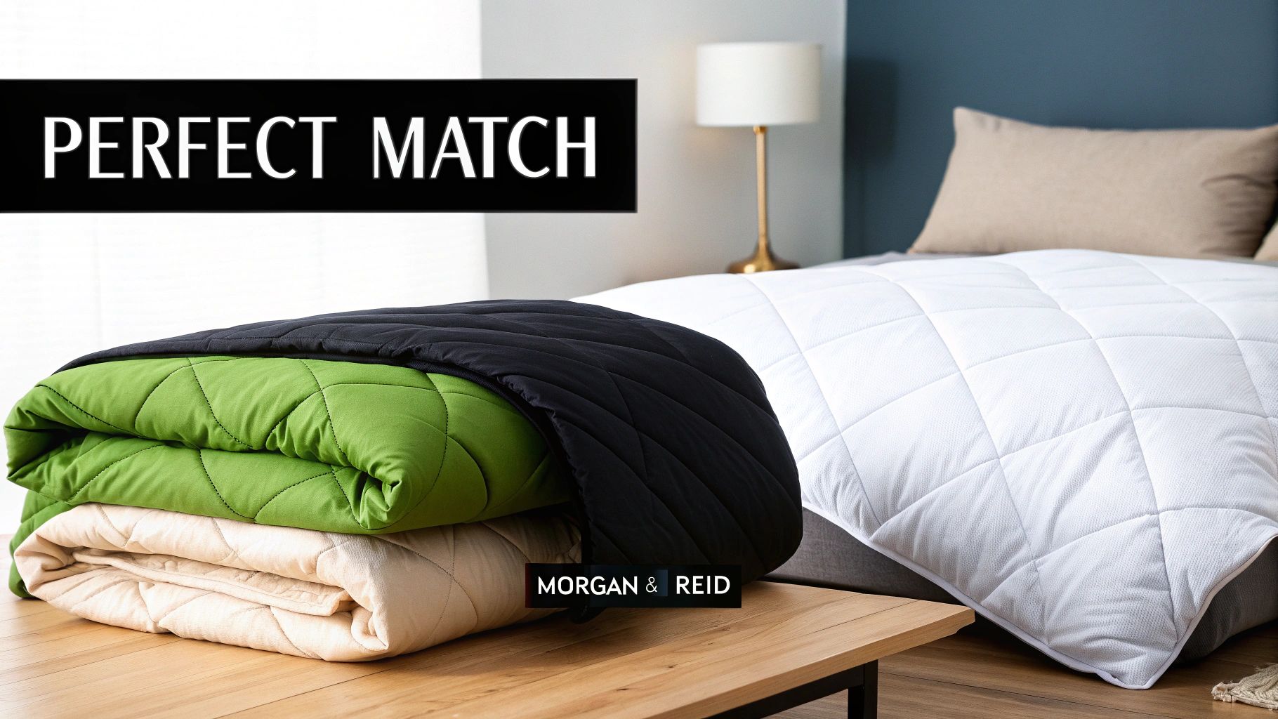 Stack of cozy quilted duvets in green, black, and beige, alongside a white duvet on a bed.