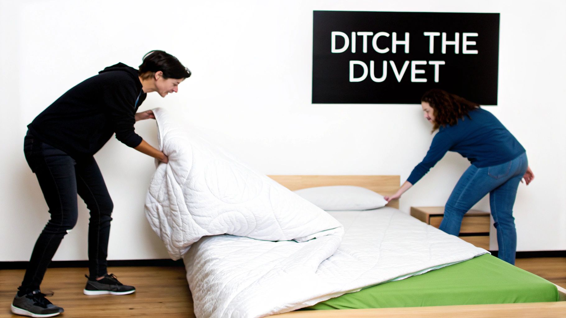 Two people making a bed with a white comforter and green sheet, under a 'DITCH THE DUVET' sign.