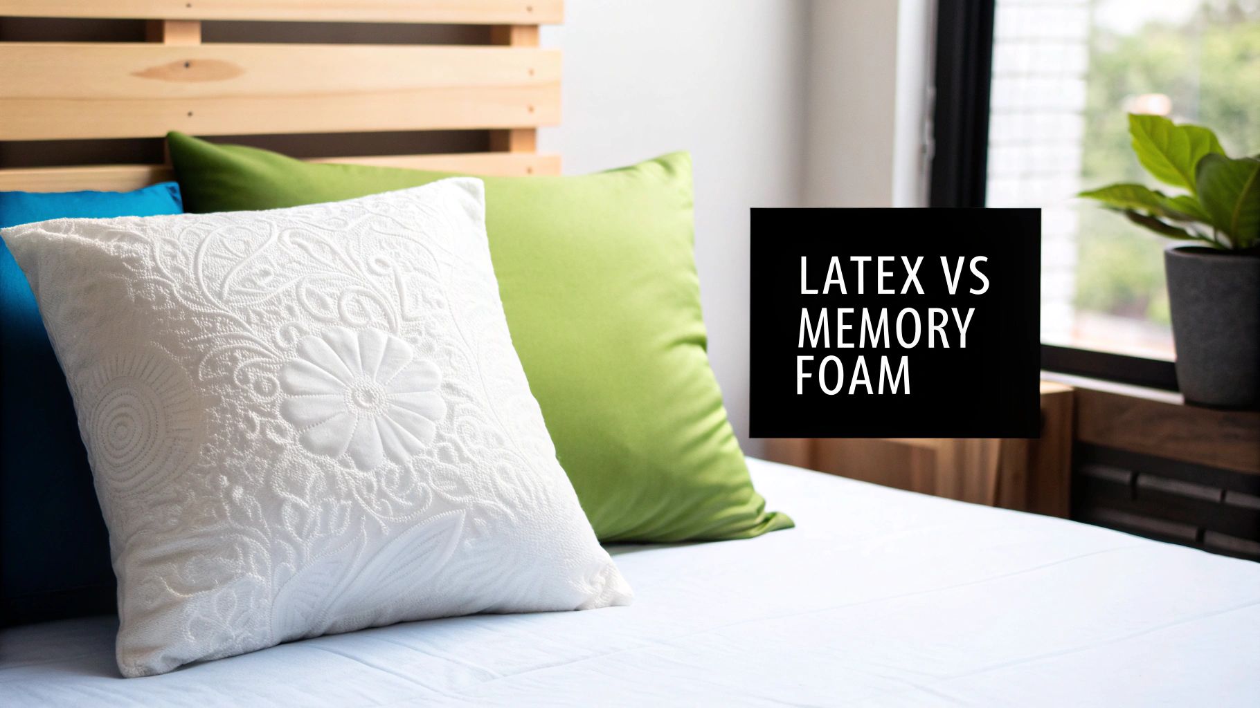 A side-by-side view of a white memory foam pillow and a white latex pillow on a bed.