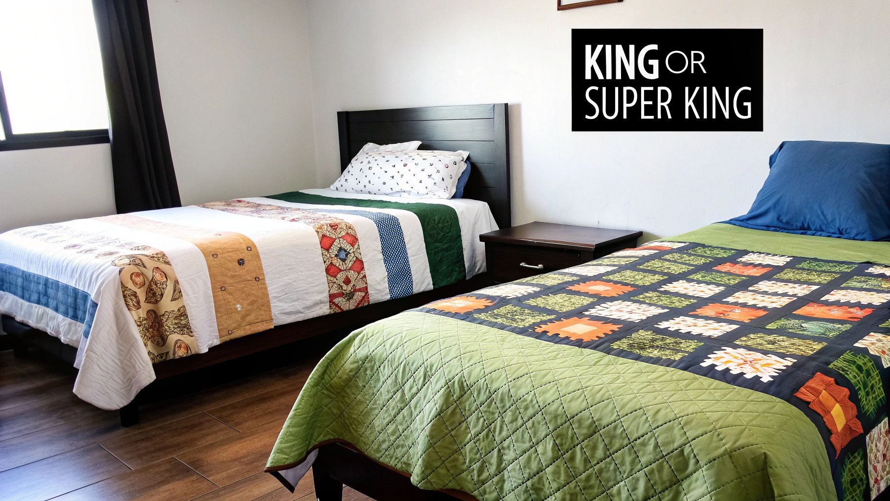 A neatly made bed with a generous quilt overhang