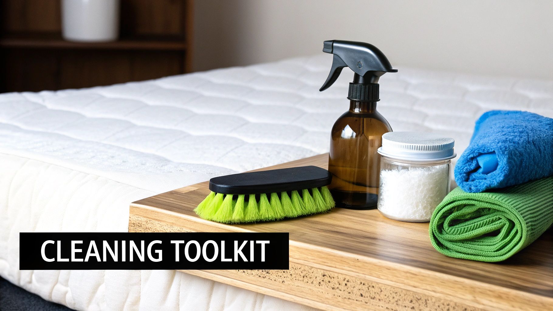 Cleaning toolkit with spray bottle, brush, powder jar and folded towels on wooden tray