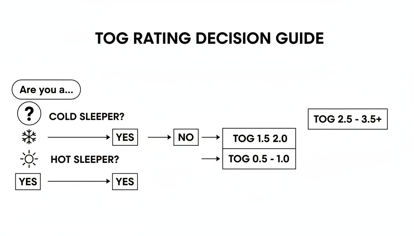 A flowchart titled 'TOG Rating Decision Guide' shows TOG recommendations for cold, hot, or neutral sleepers.