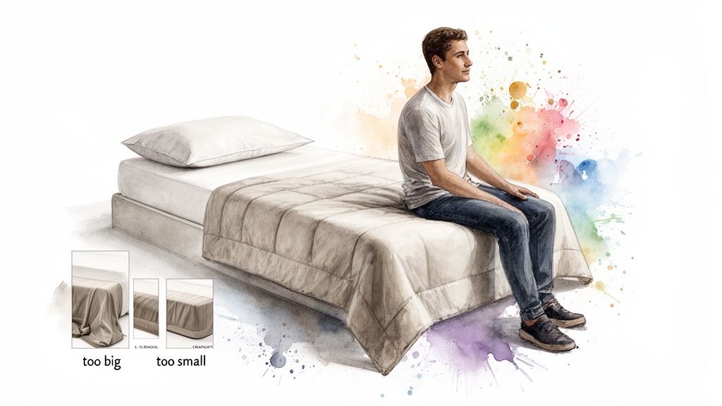 Illustration of a man sitting on a bed with a beige quilt cover, demonstrating proper sizing.