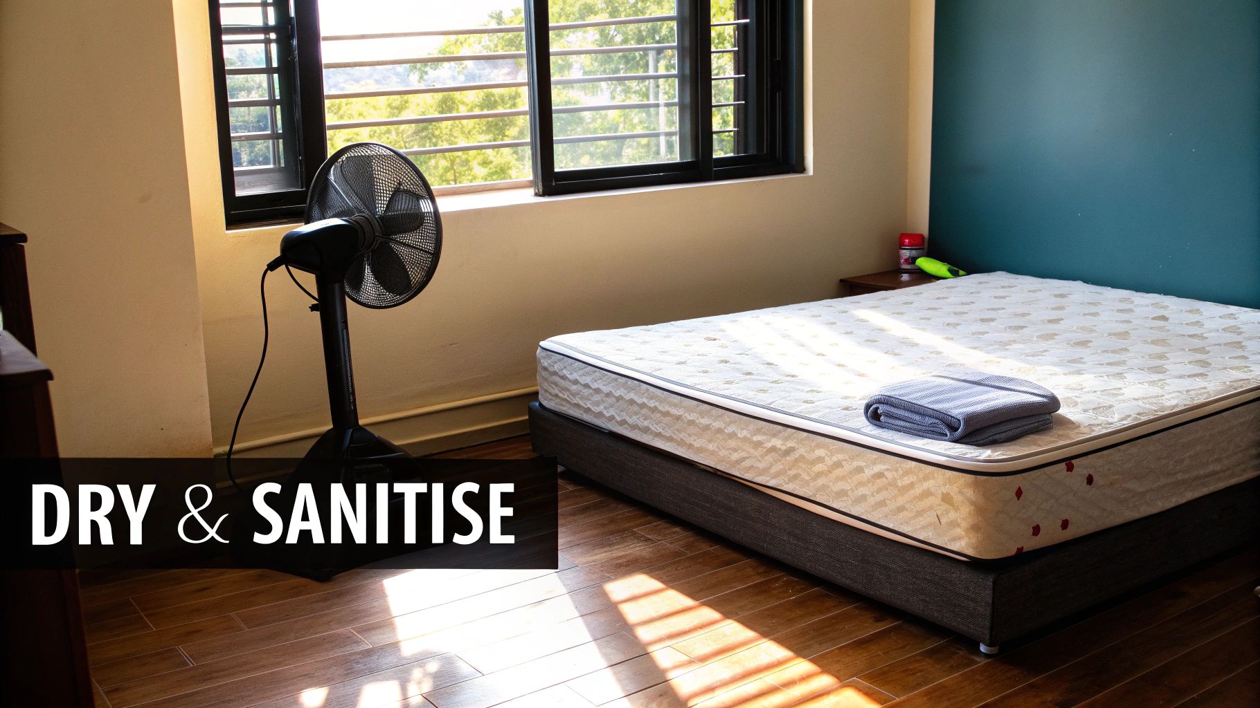 A brightly lit bedroom with a mattress on a bed frame, a folded towel, and a standing fan by a window, with 'DRY & SANITISE' text.