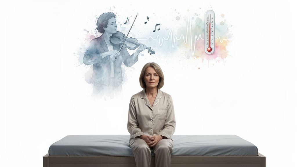 A woman in pajamas sits on a bed, with ethereal images of a violinist, music, heartbeat, and thermometer above her.
