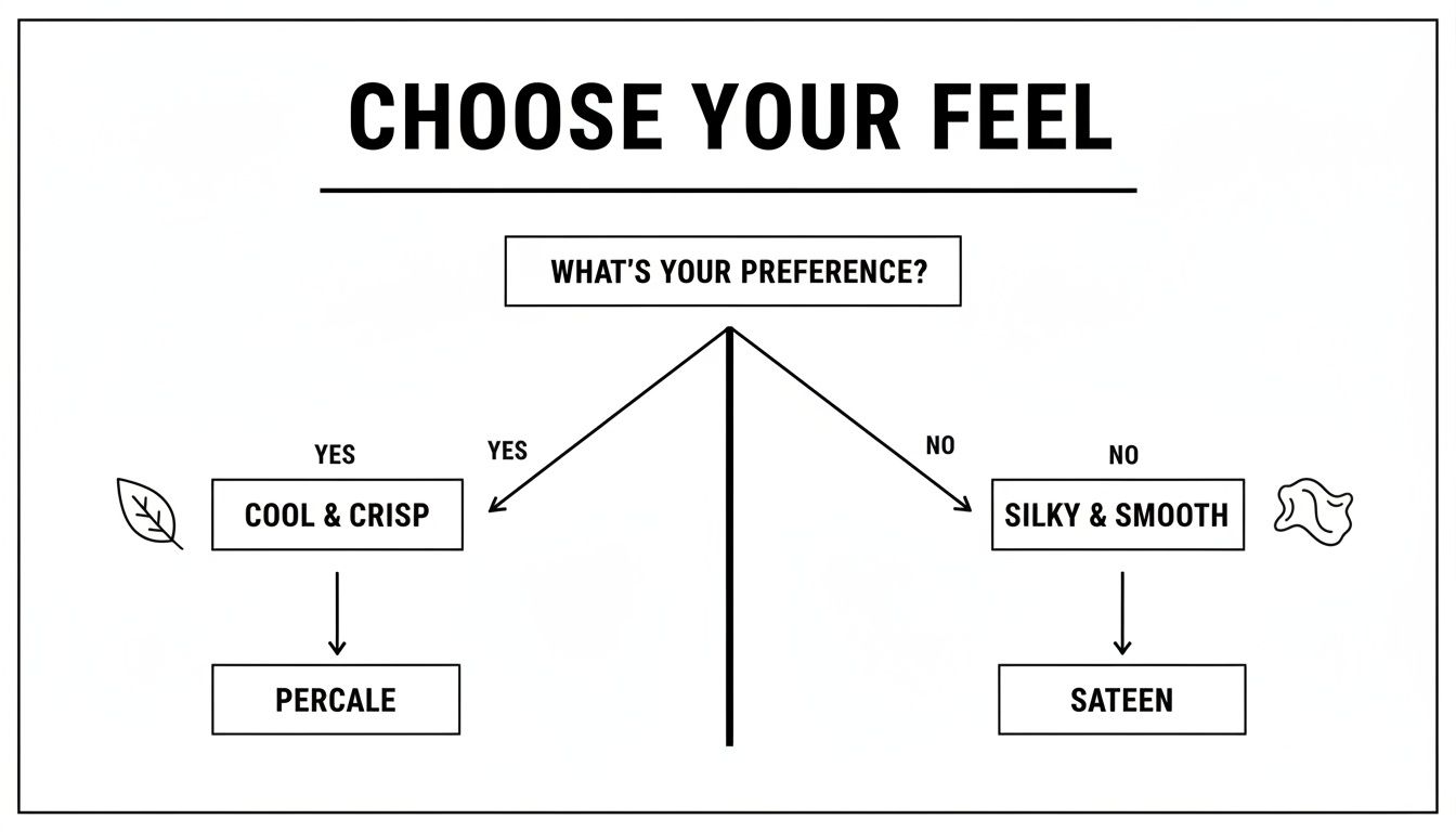 Decision tree for bedding, guiding preference between cool crisp percale or silky smooth sateen.