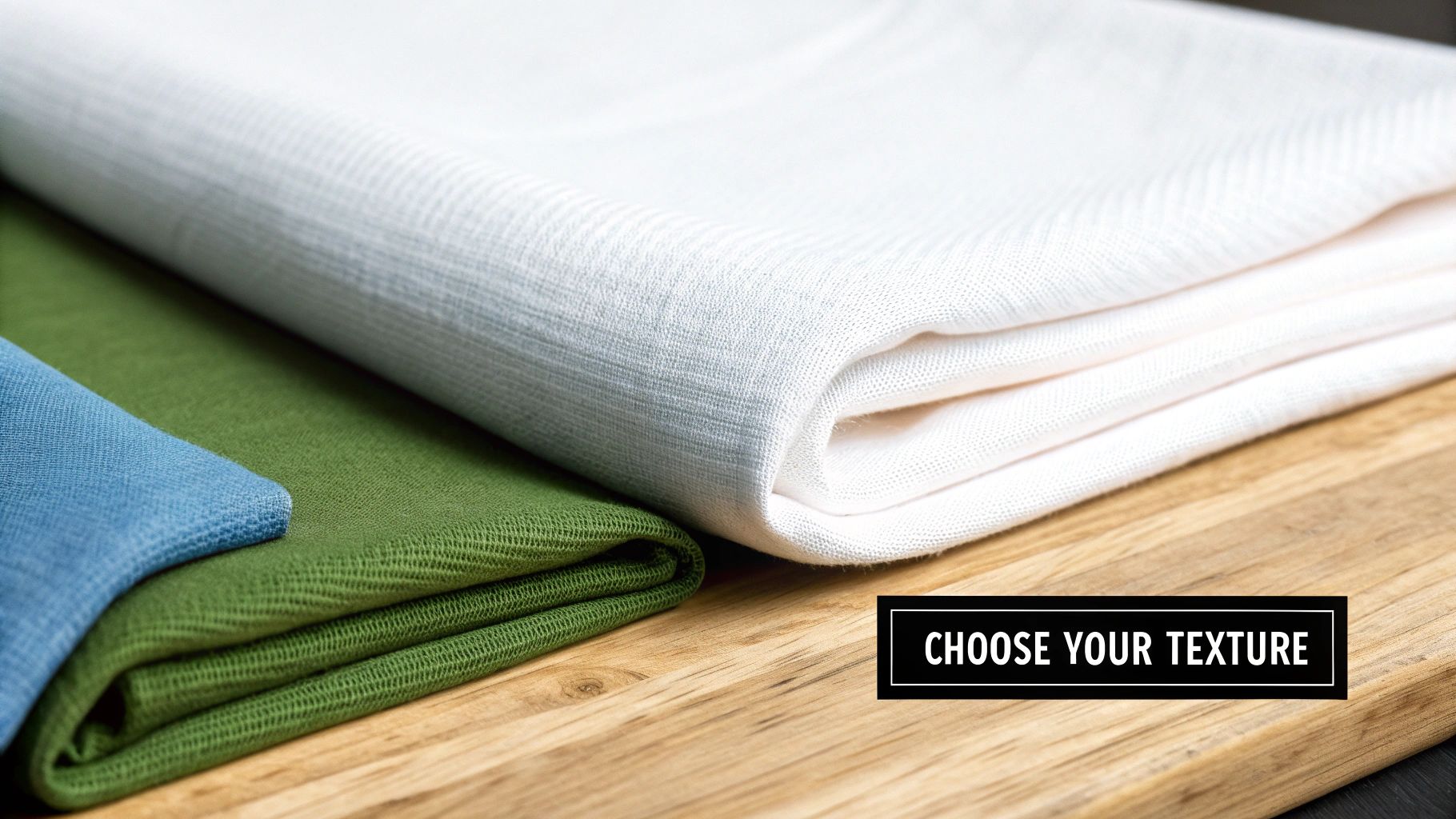 A neatly folded stack of beige and white comforters on a wooden shelf.