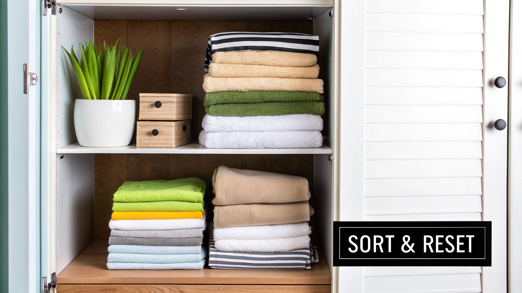 Assortment of neatly folded towels and bedding on shelves in a linen cupboard