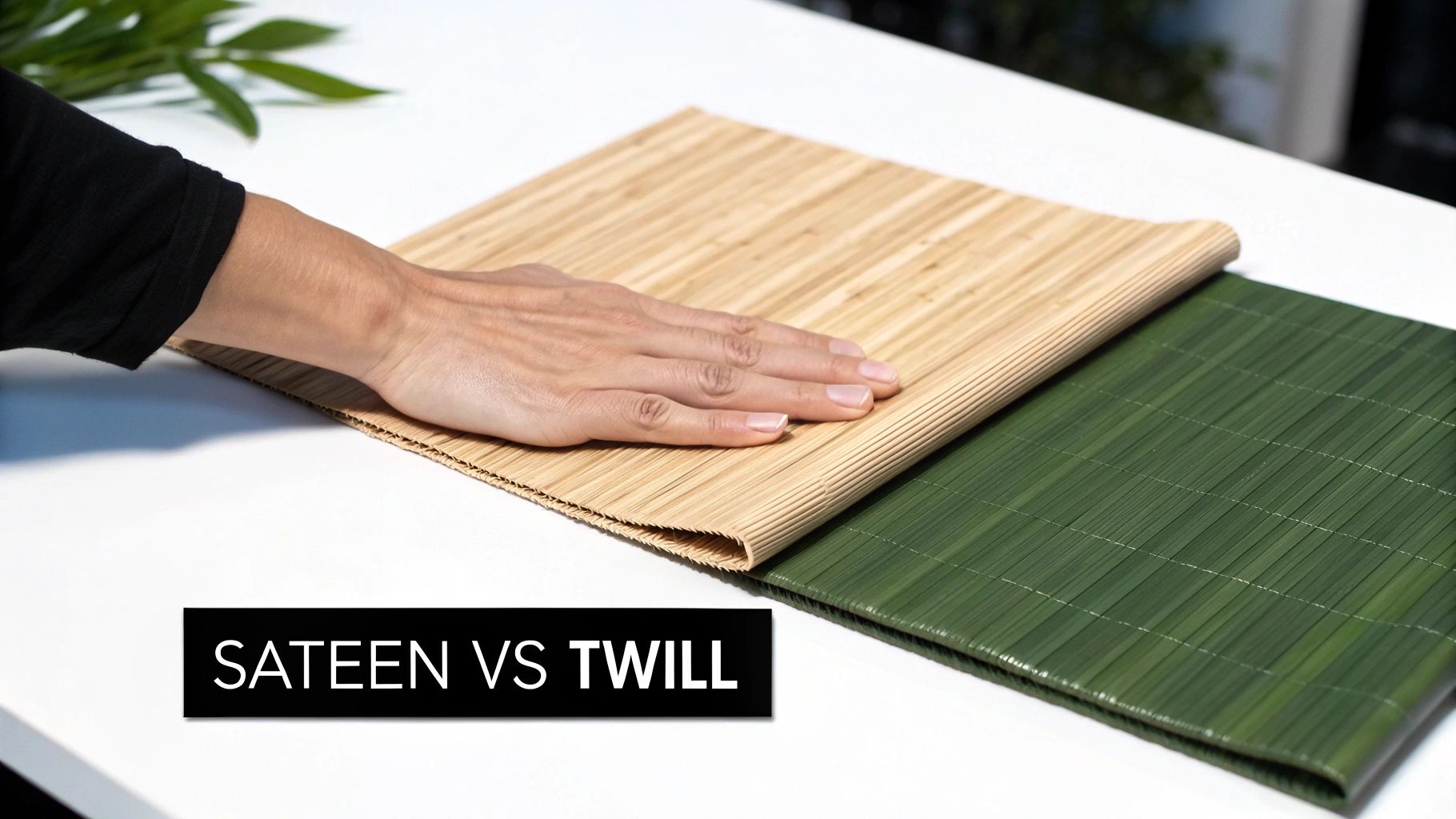 Close-up of a hand touching a light-colored bamboo placemat, next to a dark green one.