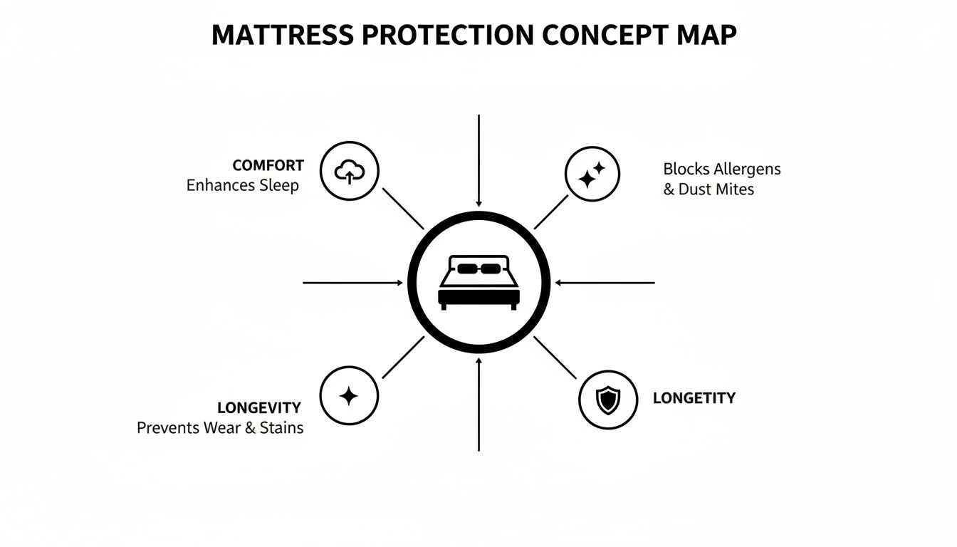 A concept map illustrating the benefits of mattress protection, including comfort, blocking allergens, and longevity.