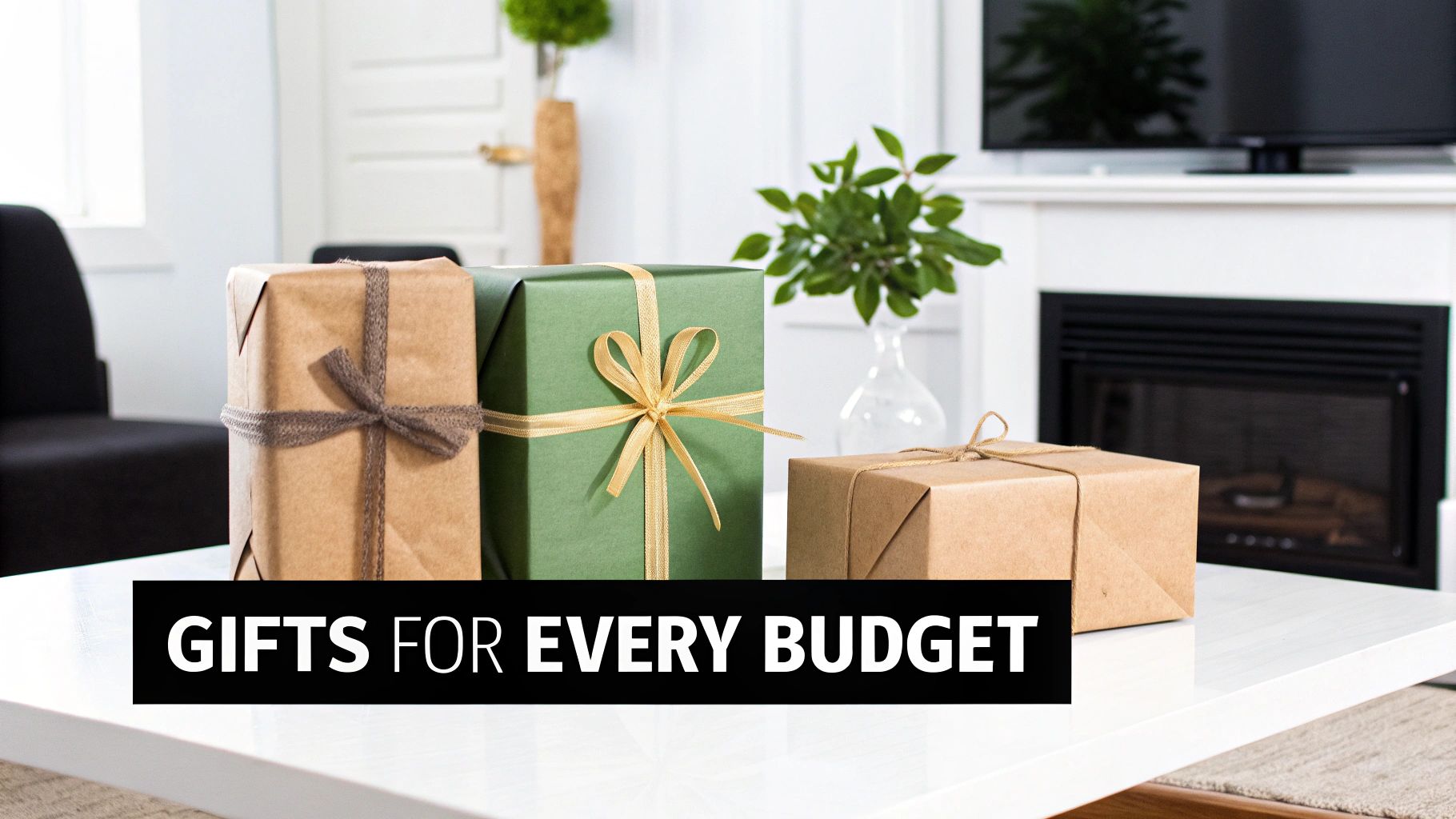 Three neatly wrapped gift boxes, one green and two kraft, on a white table in a living room setting.