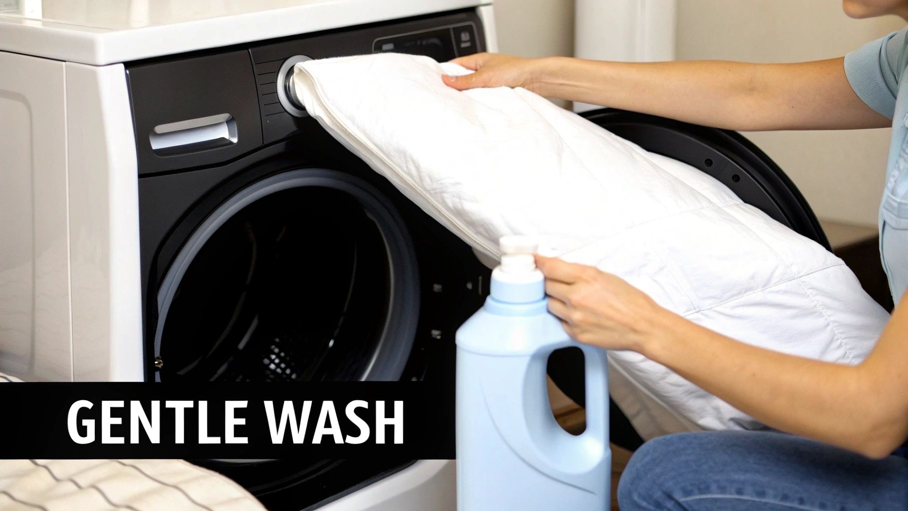 A white mattress protector being placed into a modern front-loading washing machine.