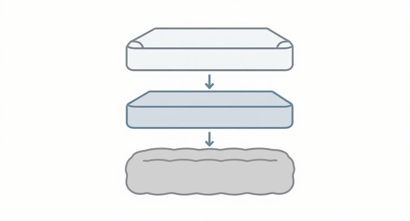 Diagram showing a bed mattress, followed by a flat sheet, and finally a crumpled sheet.