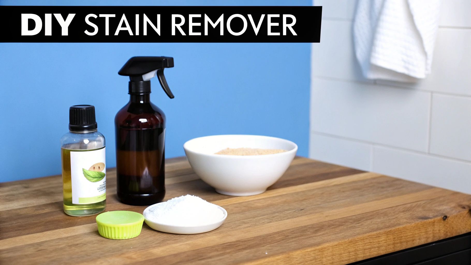 A collection of various ingredients and tools for making a homemade DIY stain remover.
