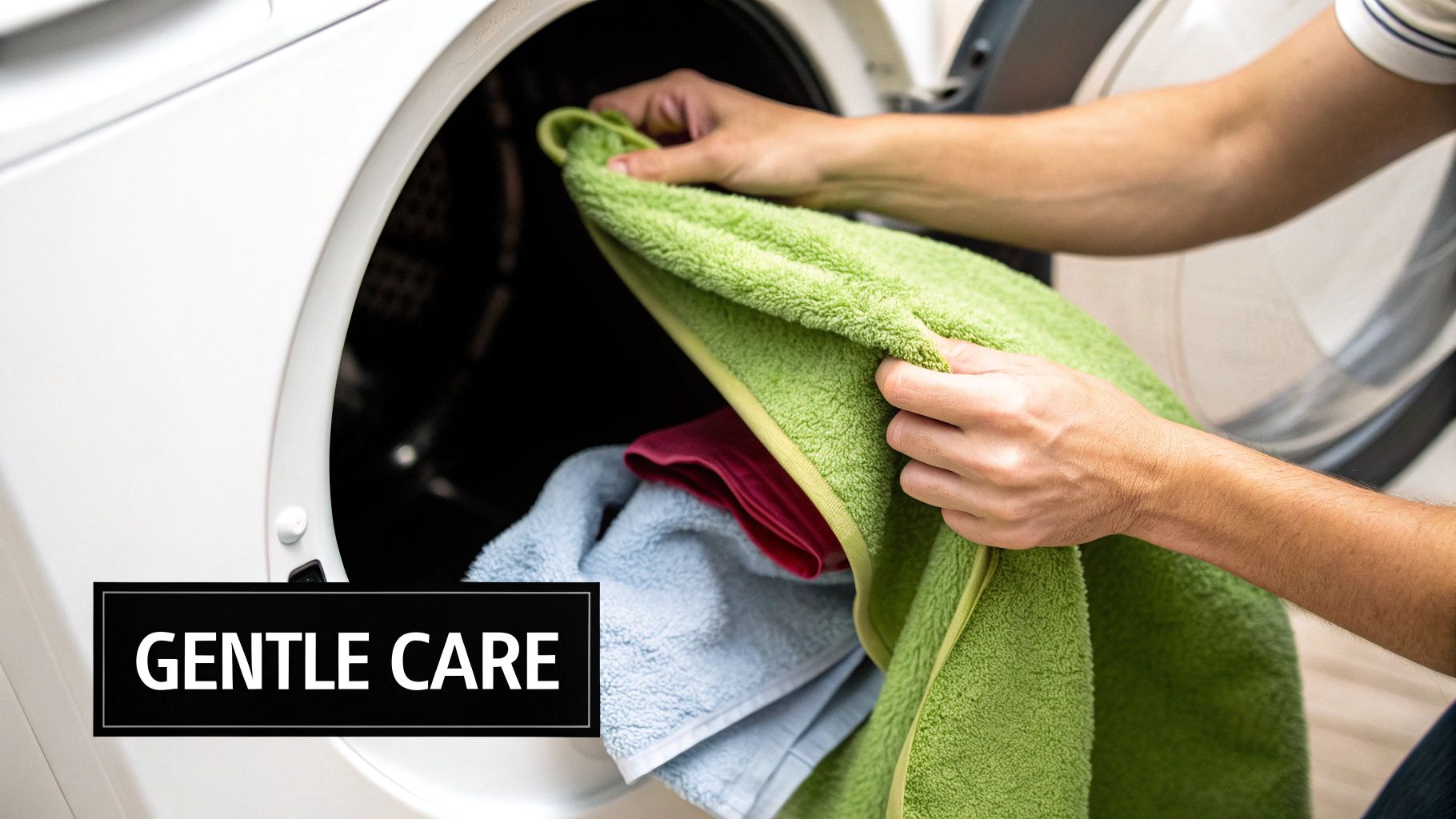 A person's hands gently placing a green towel into a white washing machine, with "GENTLE CARE" text.