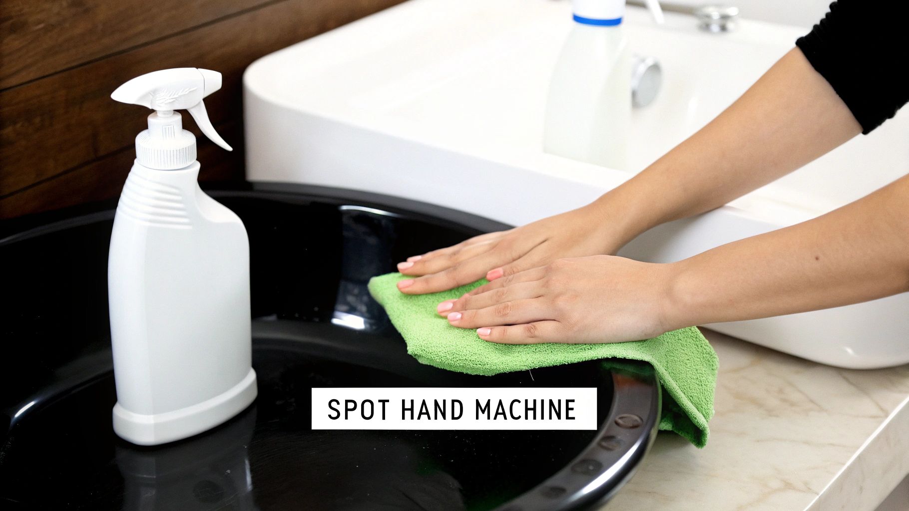 A person's hands cleaning a black basin with a green microfiber cloth and a white spray bottle.
