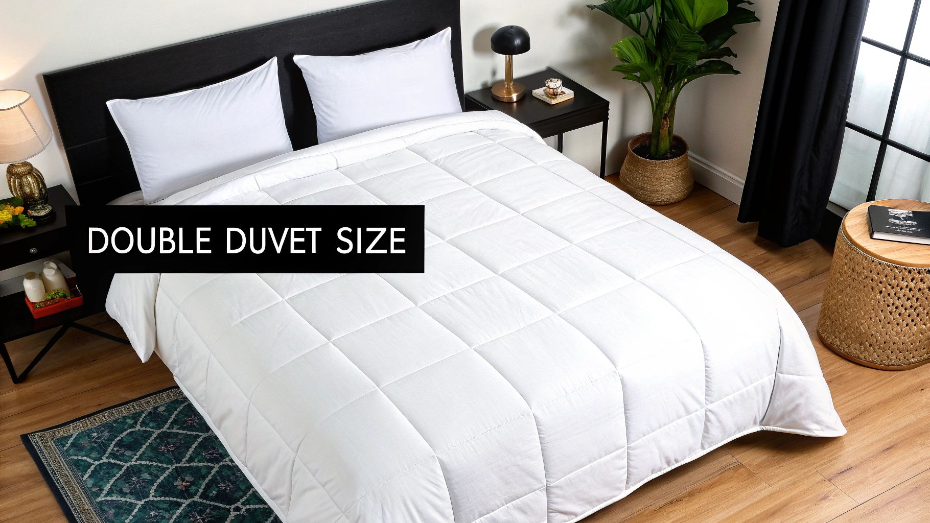 A neatly made double bed with a plush white duvet draped over the sides.