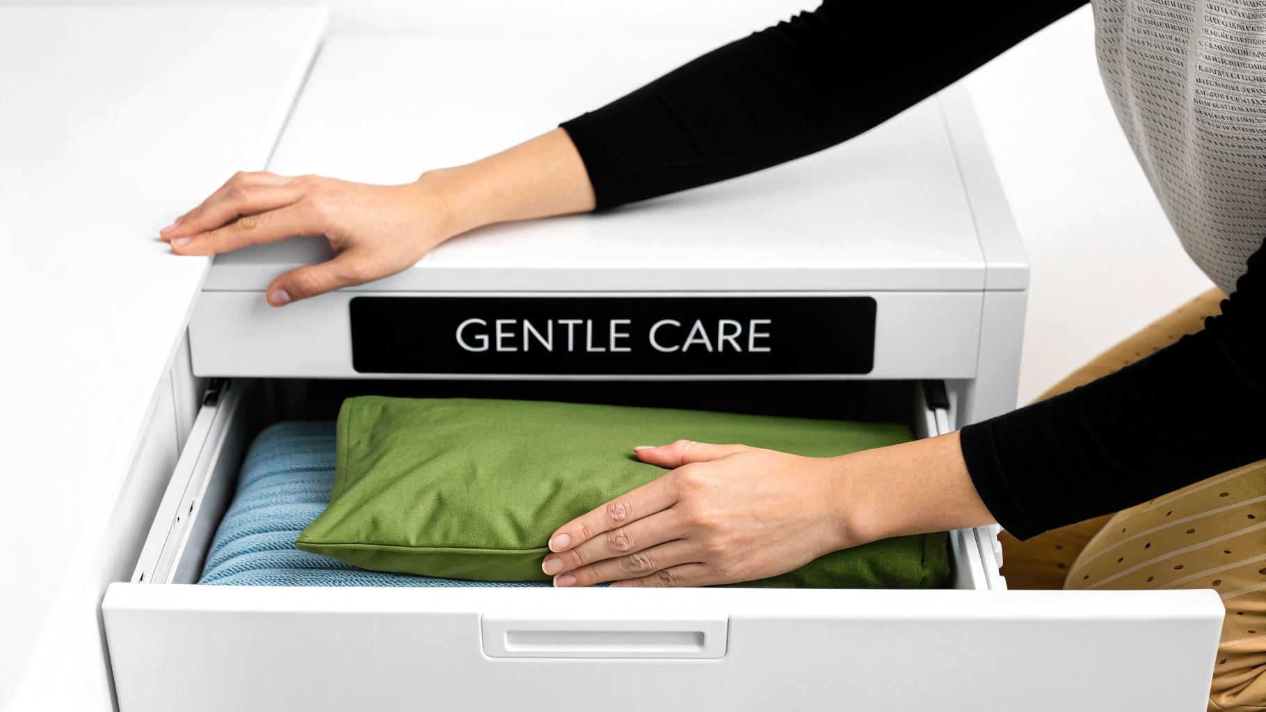 A person gently placing a green pillow into a white drawer labeled "GENTLE CARE."