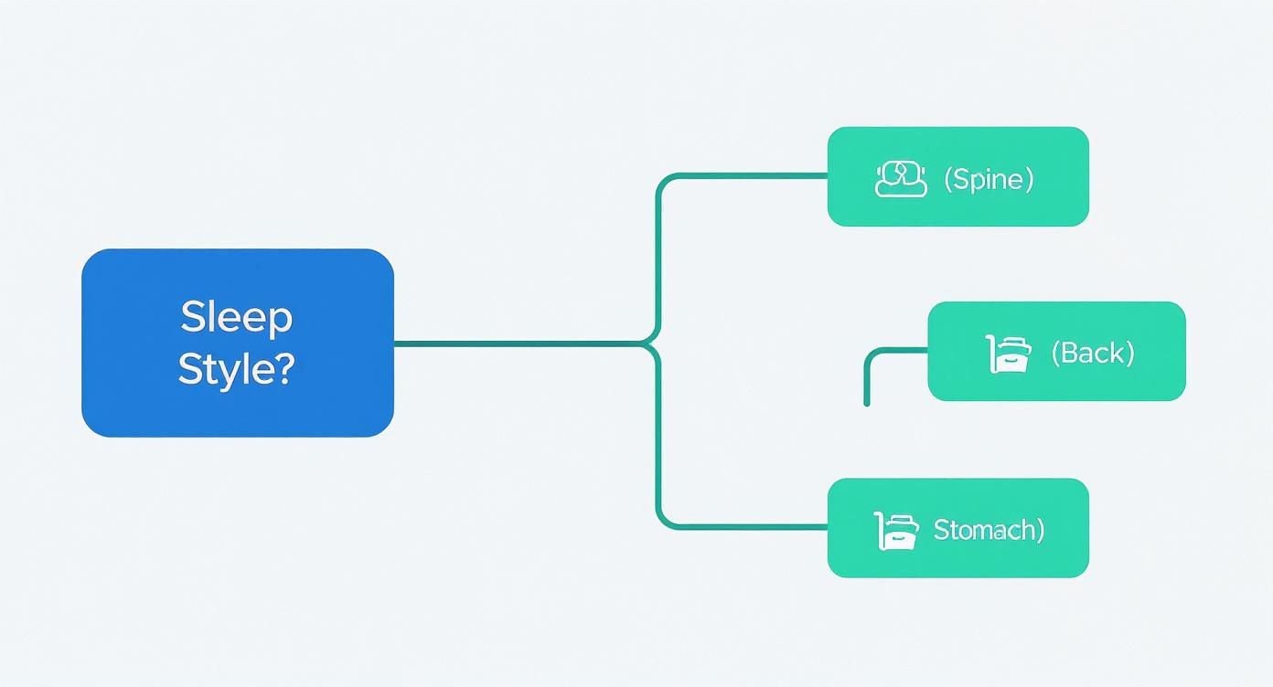 Infographic decision tree for choosing a bamboo memory foam pillow based on sleep style.