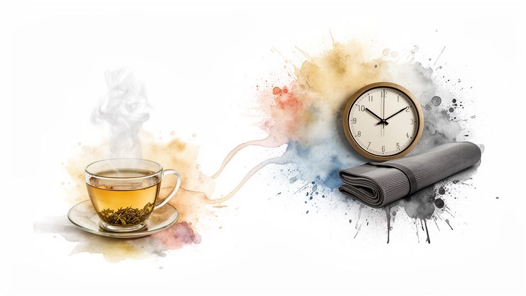 A steaming cup of tea, a clock, and a rolled yoga mat, surrounded by watercolor splashes, suggesting a wellness routine.