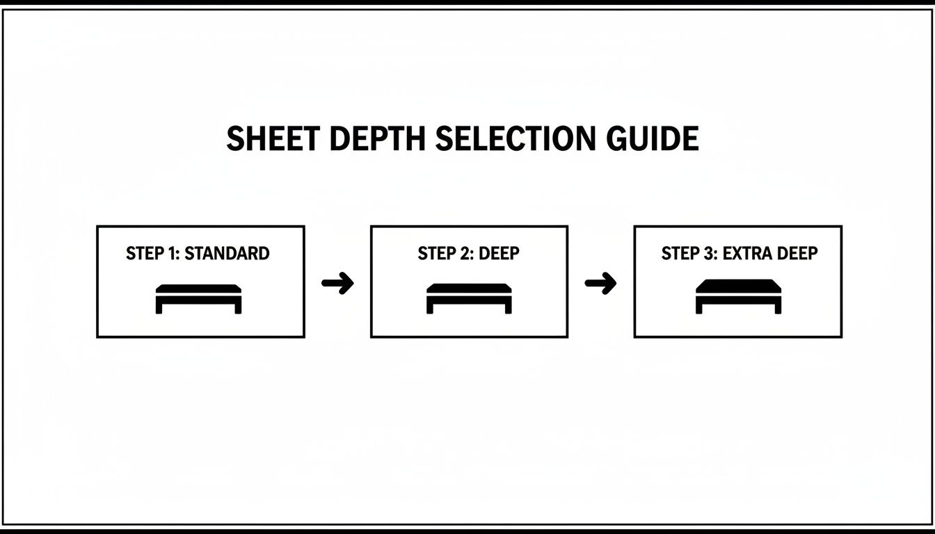 Sheet depth selection guide illustrating standard, deep, and extra deep mattress sizes.