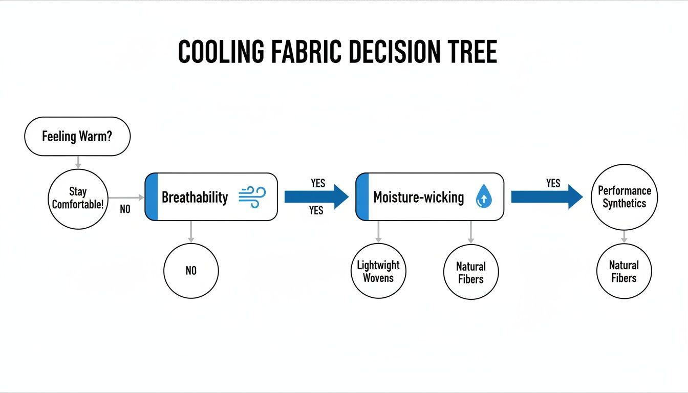 A flowchart illustrating a cooling fabric decision tree based on warmth, breathability, and moisture-wicking properties.