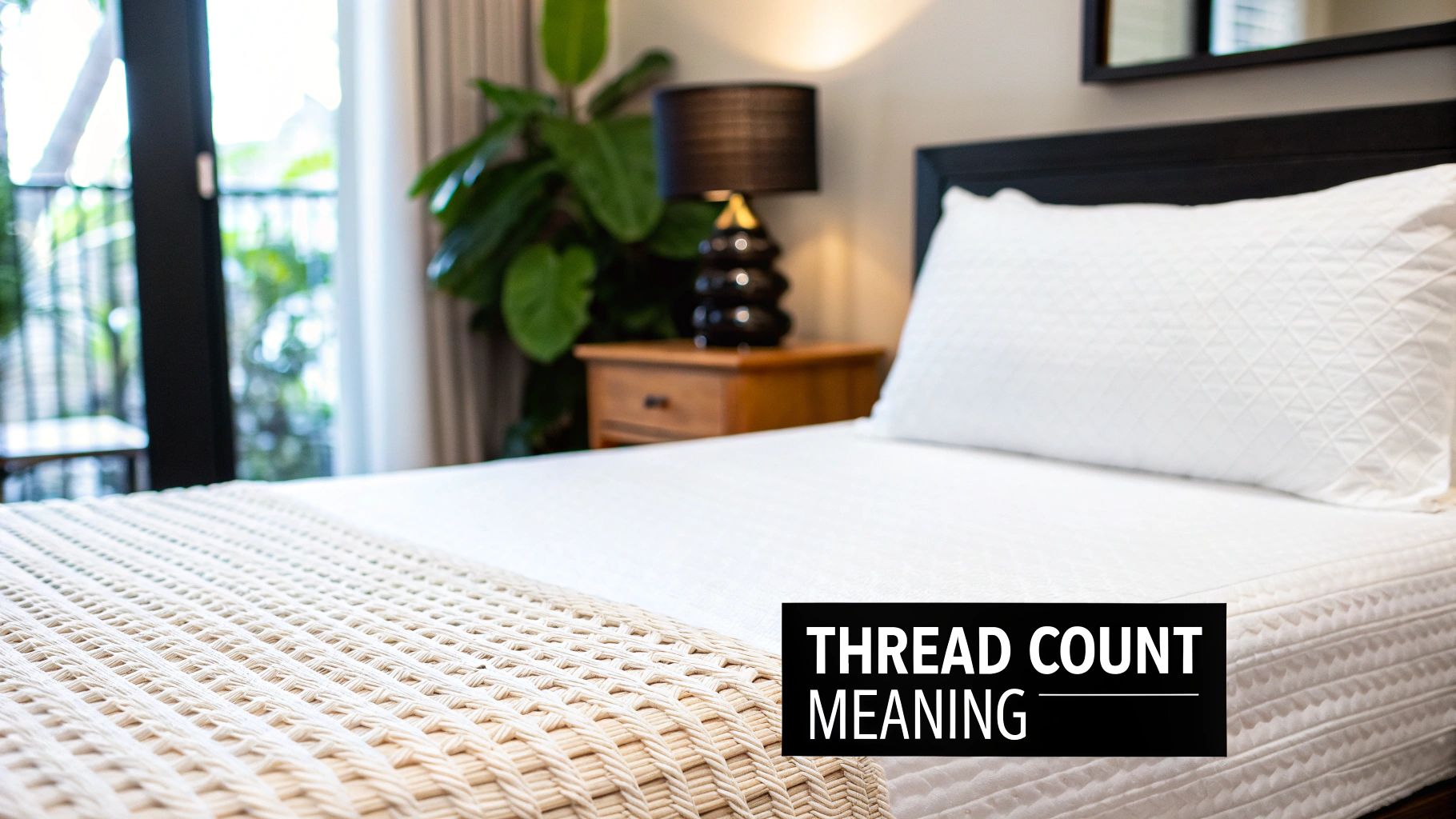 A comfortable bed in a bright bedroom with white quilted bedding and a light brown knitted throw.