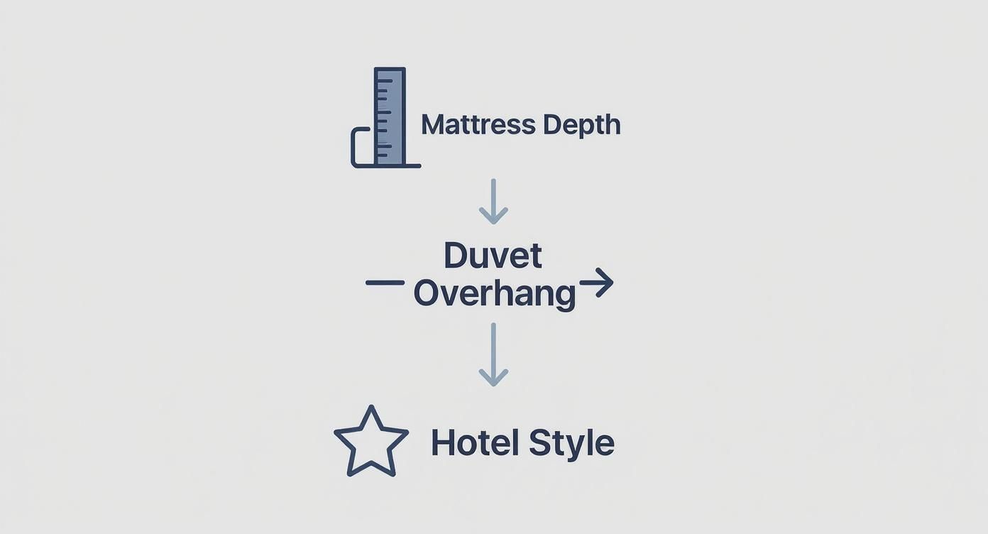 A diagram illustrating the factors: Mattress Depth and Duvet Overhang, which influence Hotel Style bedding.