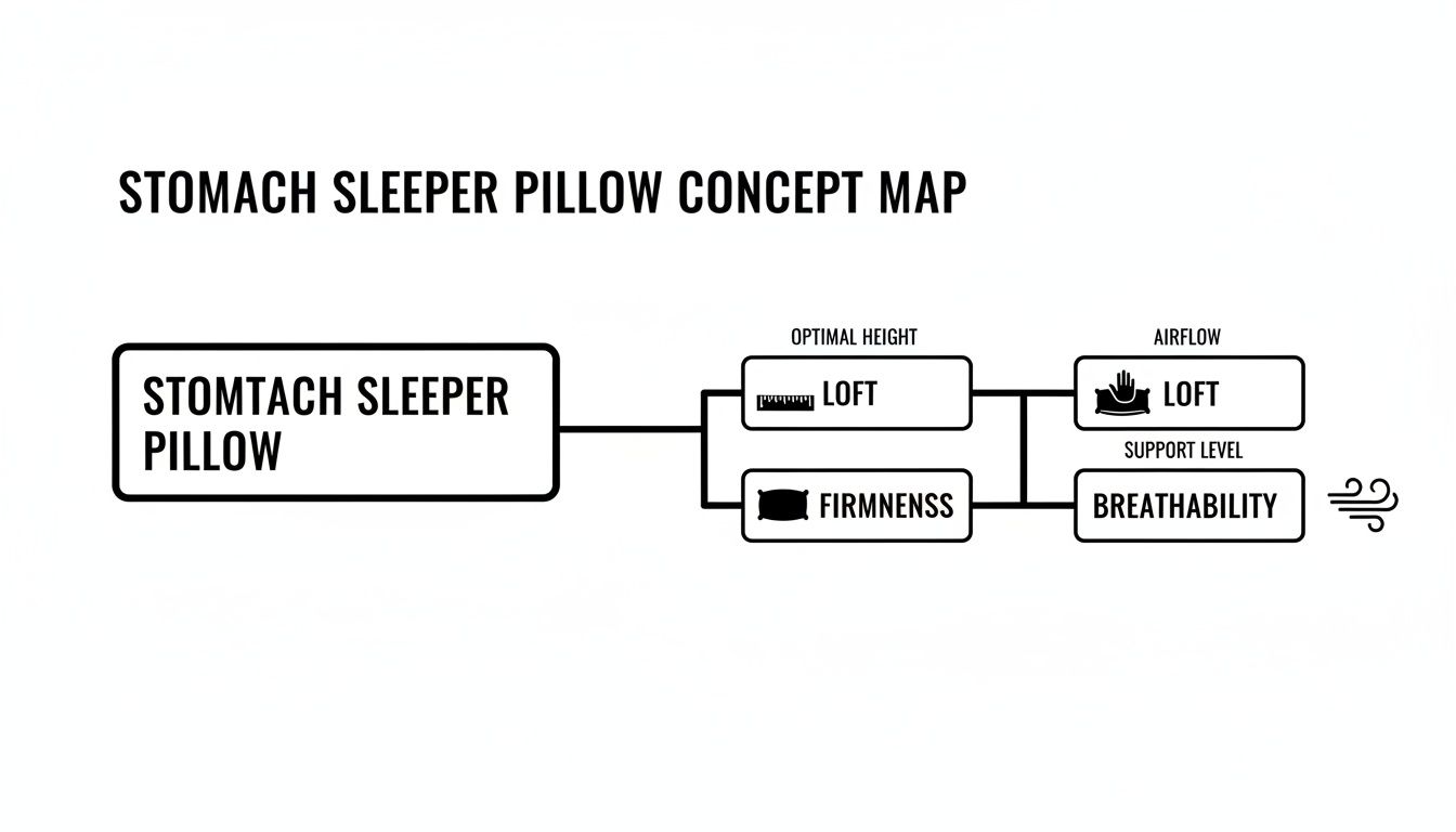 A concept map detailing stomach sleeper pillow features: optimal height (loft), firmness, airflow (loft), and breathability.
