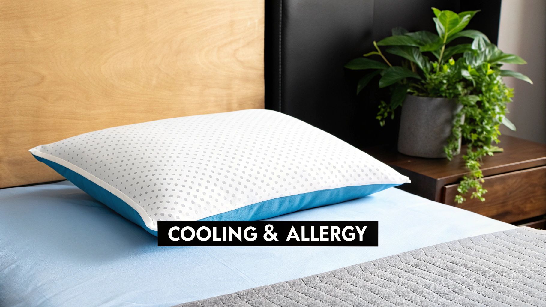 Close-up of a white cooling and allergy pillow with blue trim on a light blue bedsheet.