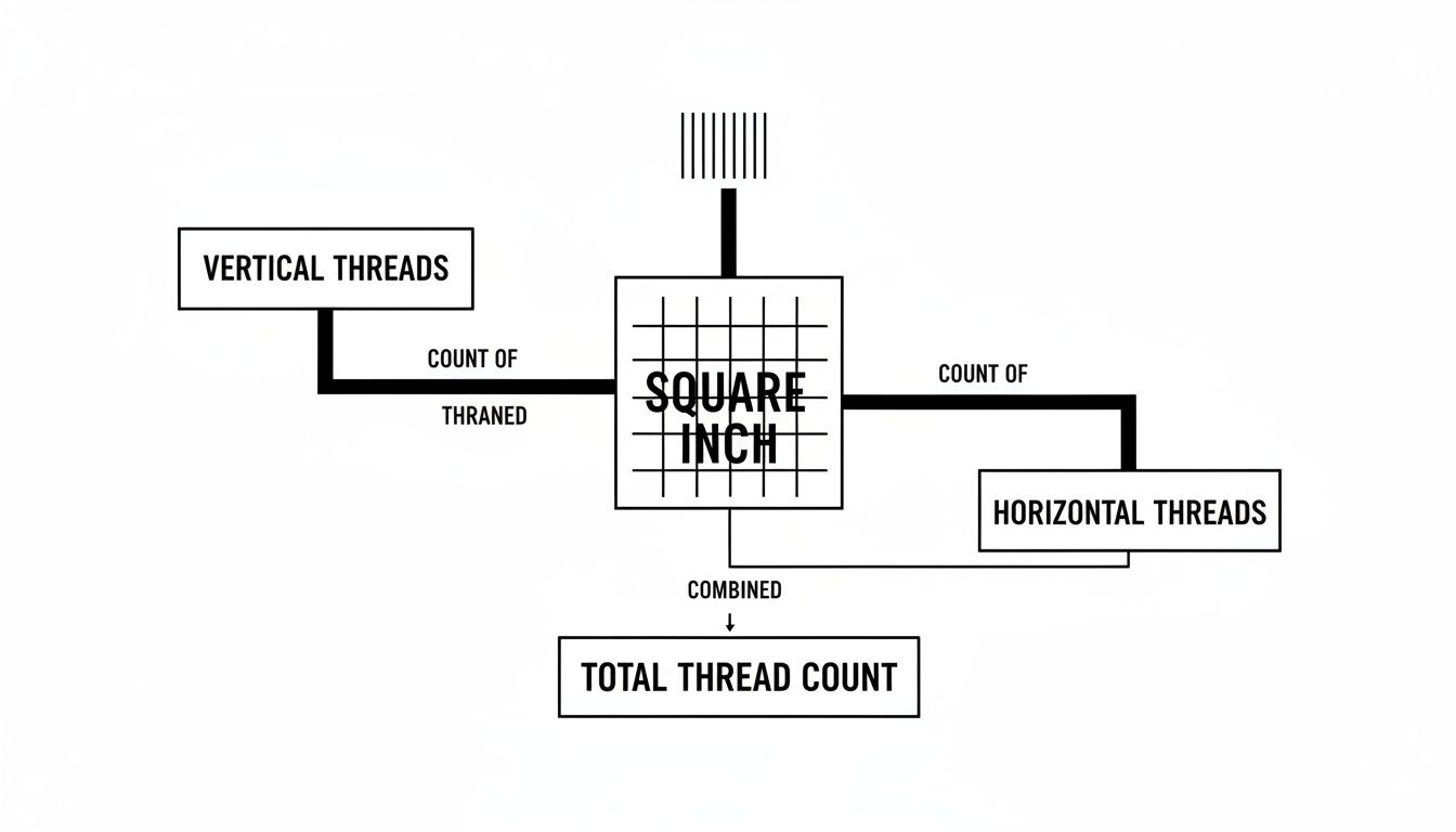 Diagram showing how vertical and horizontal threads in a square inch are combined for total thread count.