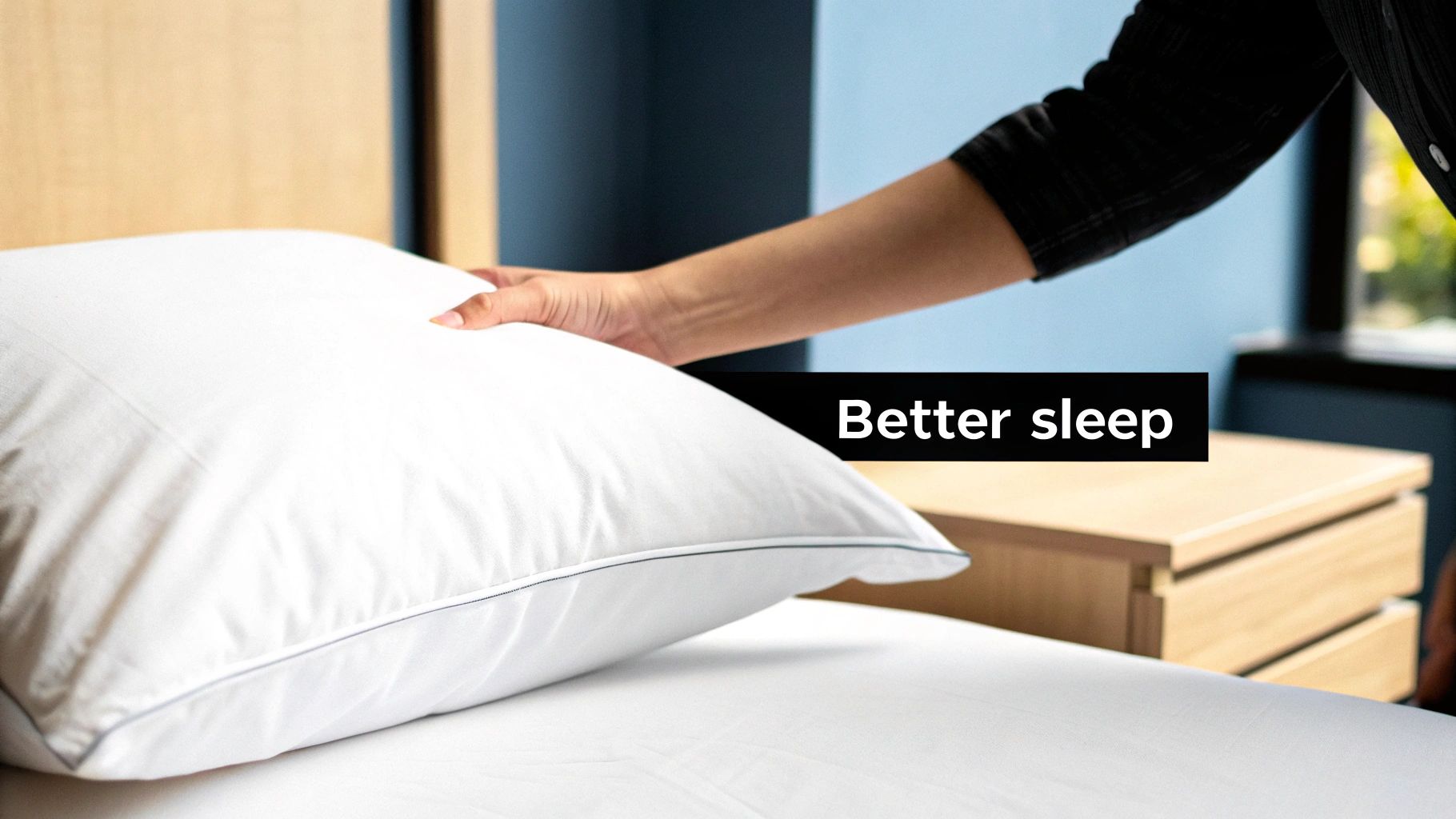 A hand arranges a fluffy white pillow with grey trim on a freshly made bed, suggesting better sleep.