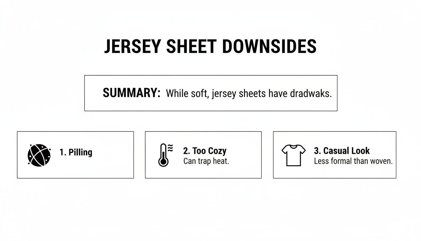 Infographic showing three downsides of jersey sheets: pilling, trapping heat, and casual look.