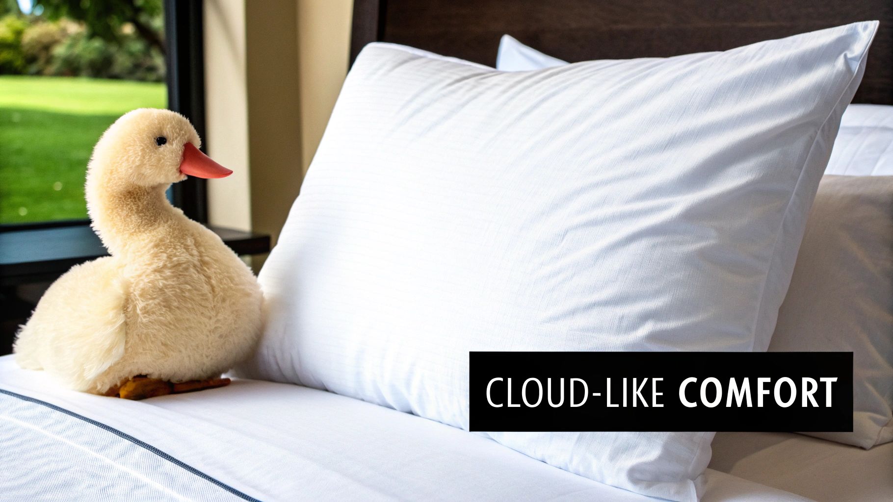 A fluffy yellow duck toy sitting on a neatly made bed with two soft white pillows.