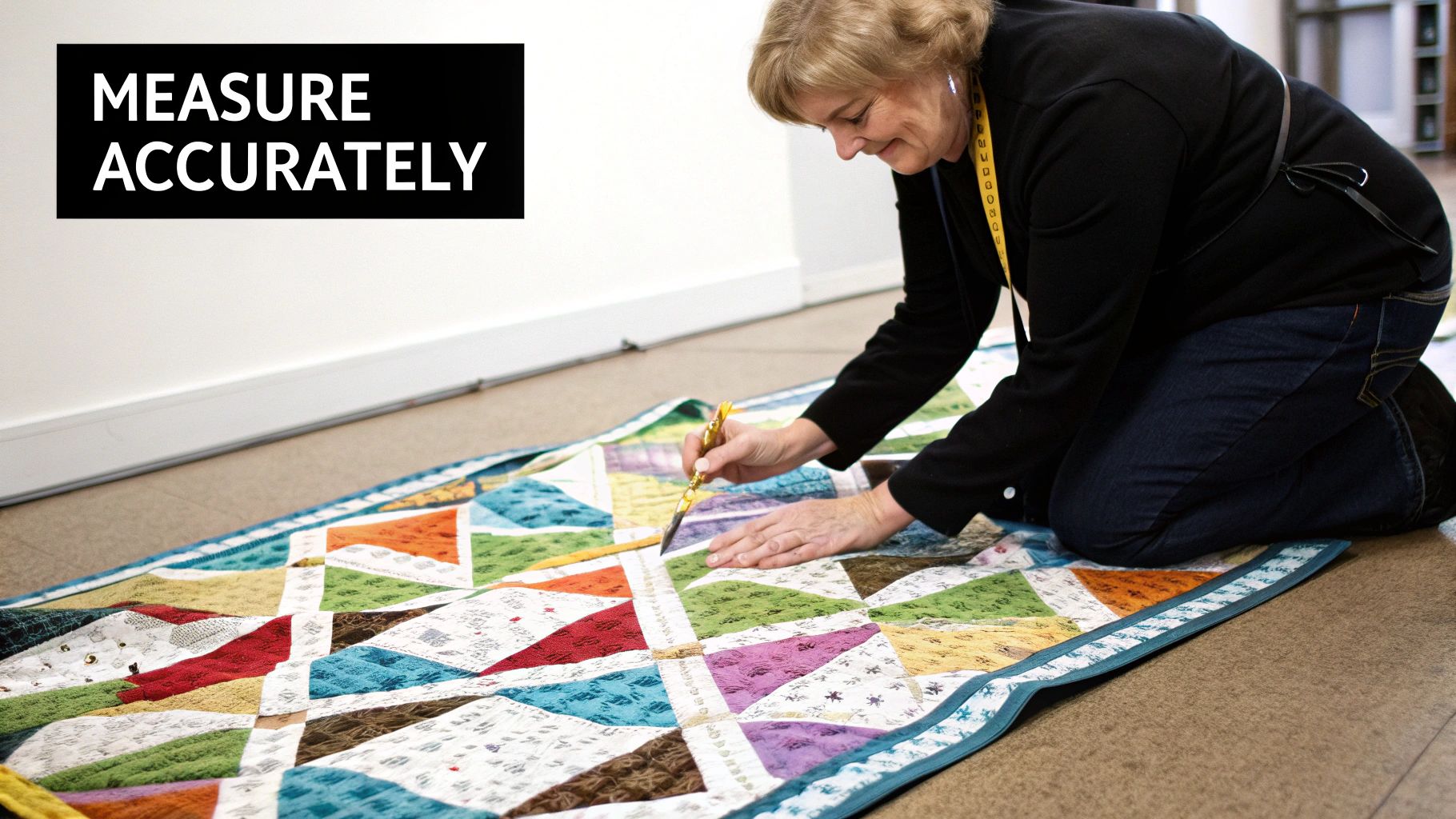 A person using a tape measure on a white quilt laid out on a wooden floor.