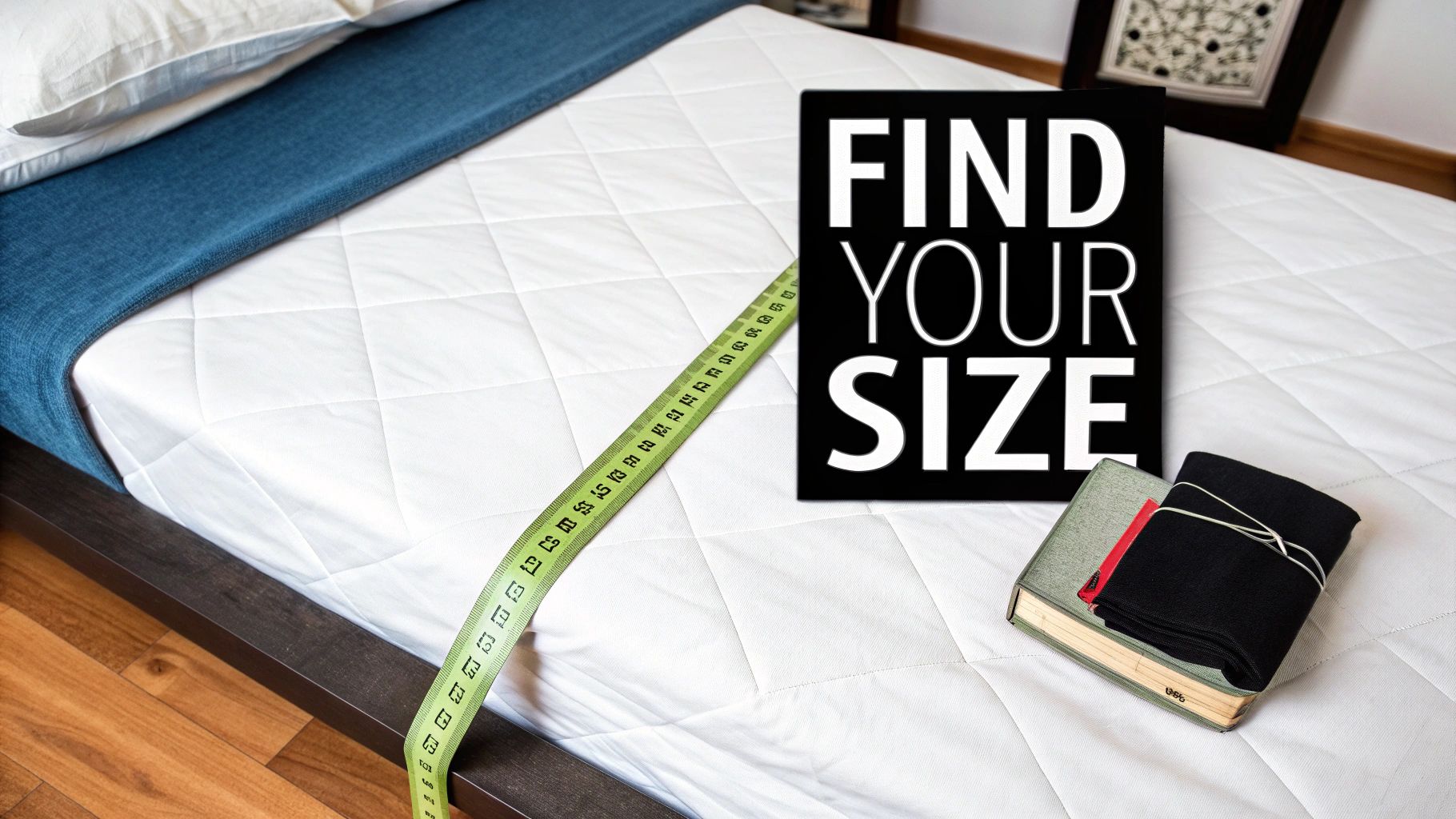 A green measuring tape, 'Find Your Size' sign, and books on a white quilted mattress.