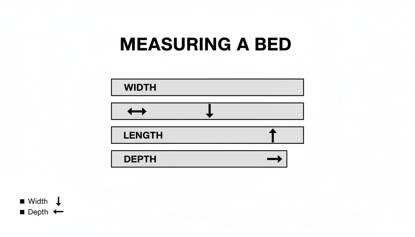 Diagram illustrating how to measure a bed, showing width, length, and depth with directional arrows.