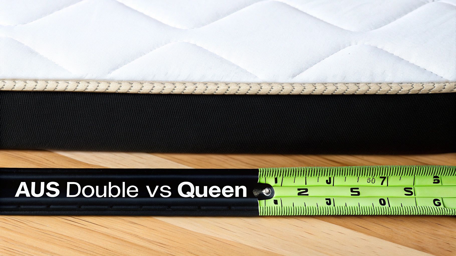 Close-up of a mattress with a measuring tape below, showing "AUS Double vs Queen" to compare bed sizes.