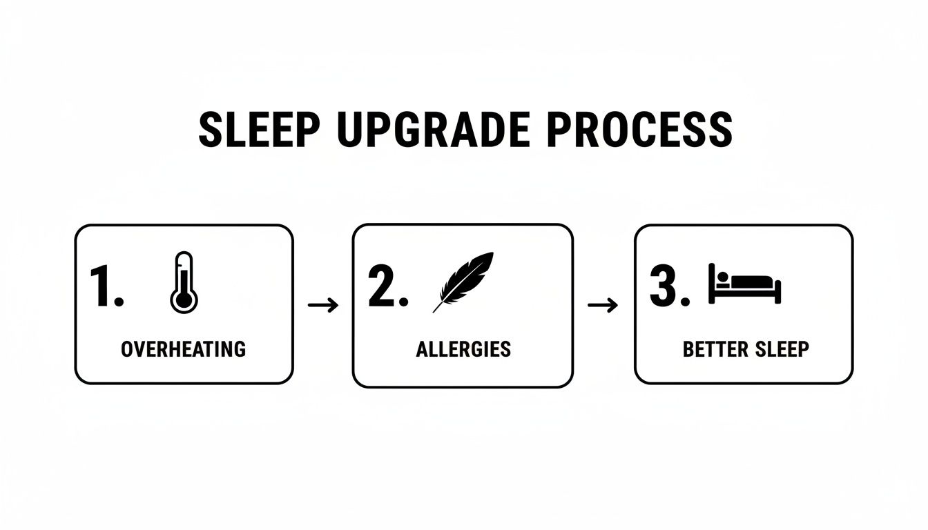 A diagram outlining a sleep upgrade process, addressing overheating and allergies for better sleep.
