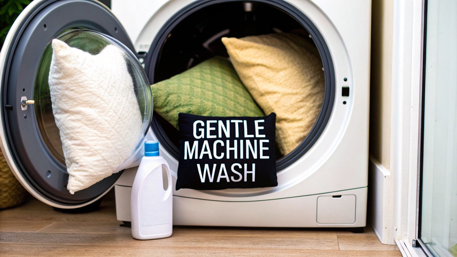 Pillows inside a washing machine, ready to be cleaned.