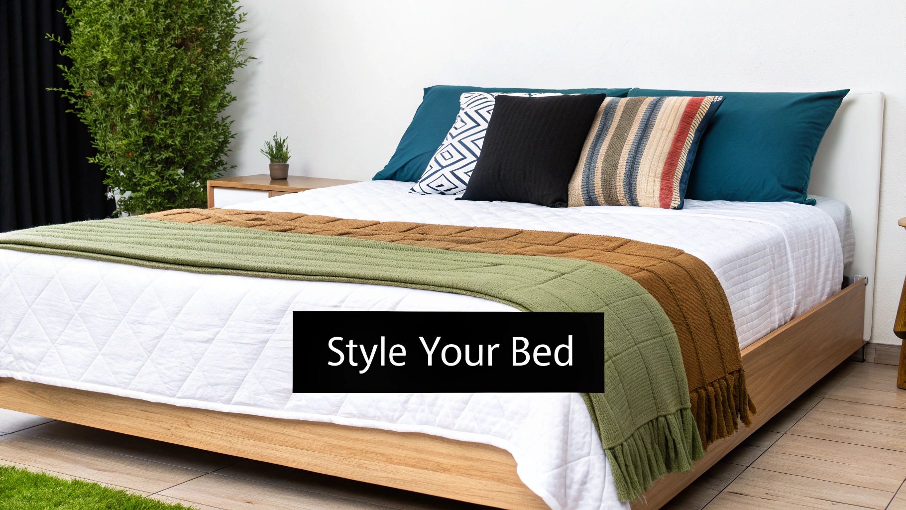 A beautifully styled modern bed with a wooden frame, white comforter, and colorful throw blankets.