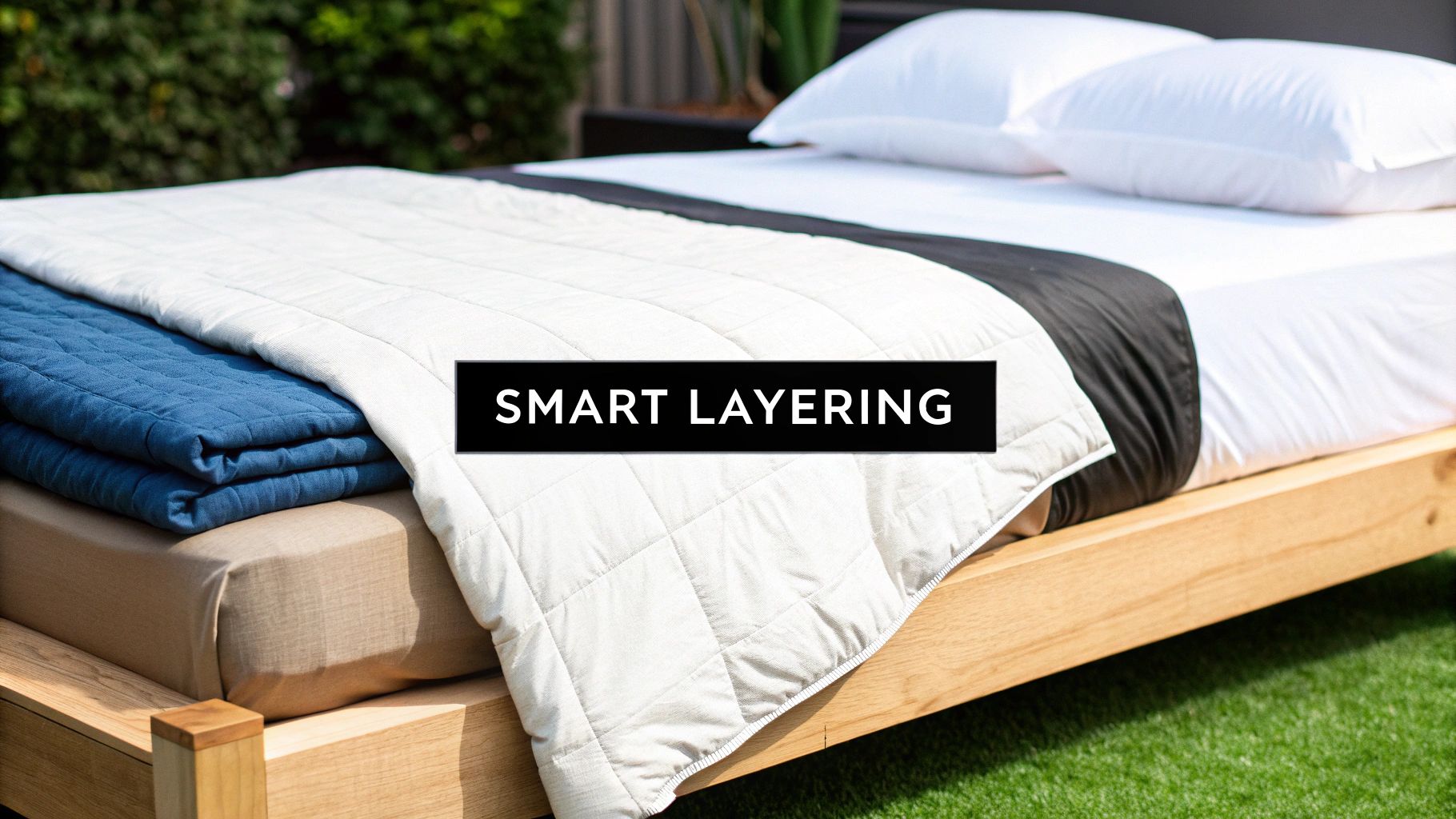 Outdoor bed with white sheets, black comforter, and neatly layered blue and white quilted blankets.
