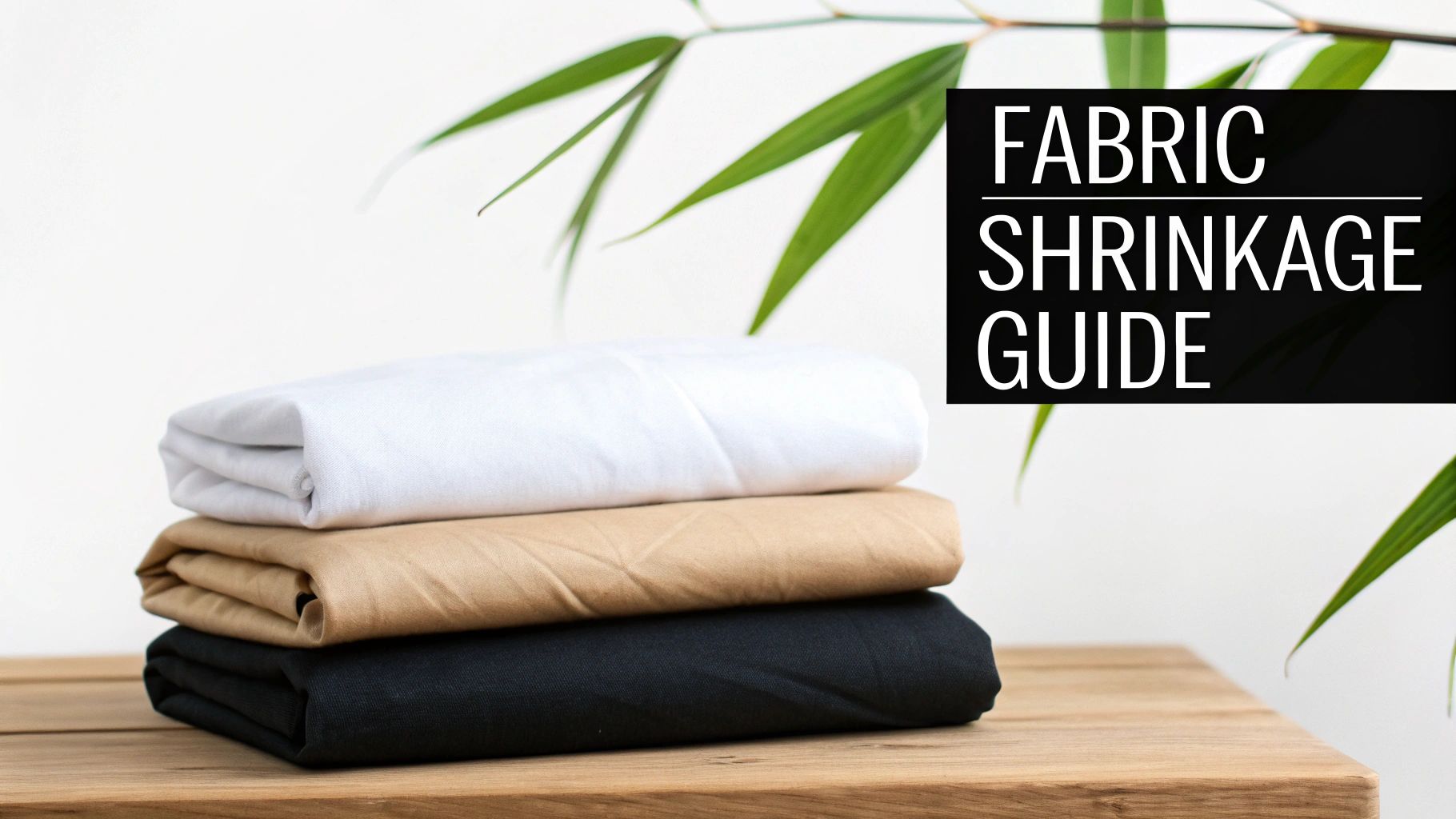 Stack of white, beige, and black folded fabrics on wood, showing 'Fabric Shrinkage Guide' text.