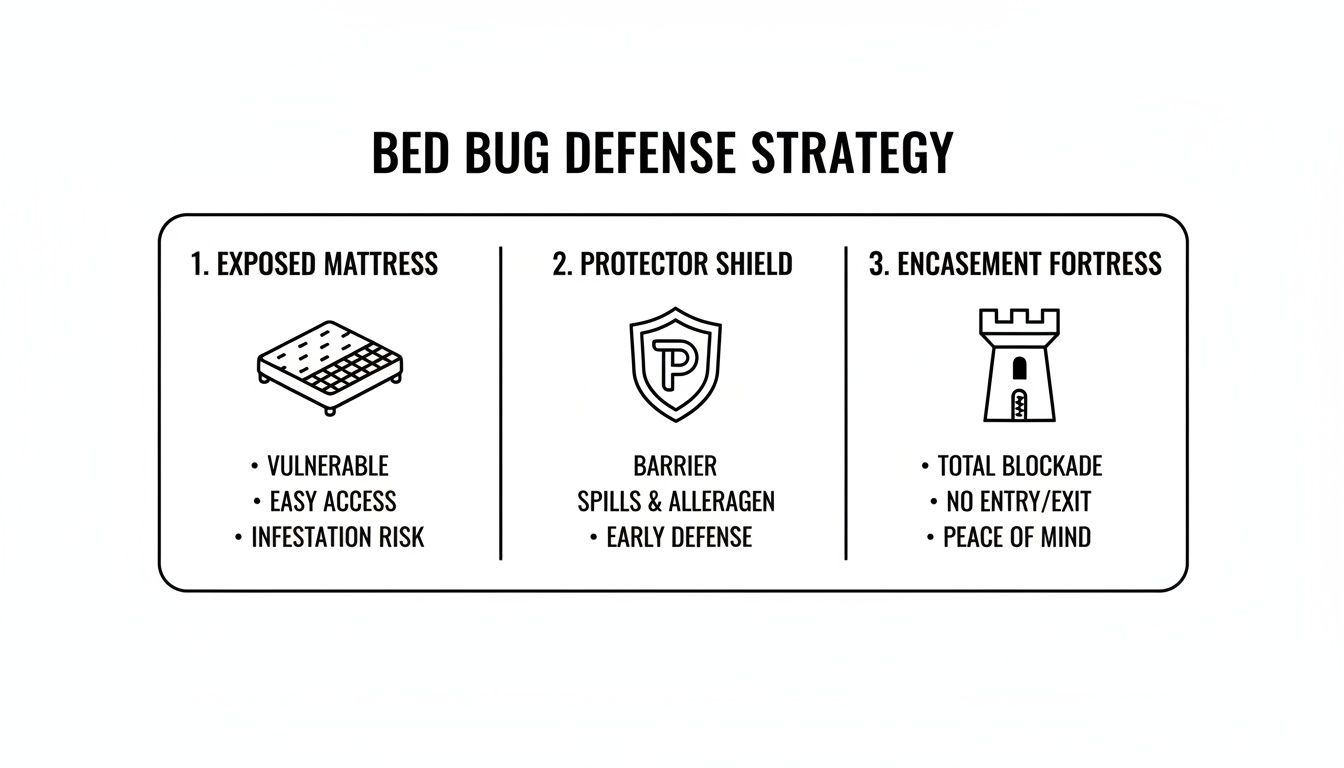 An infographic illustrating a three-step bed bug defense strategy for mattresses, including exposed, protected, and encasement.