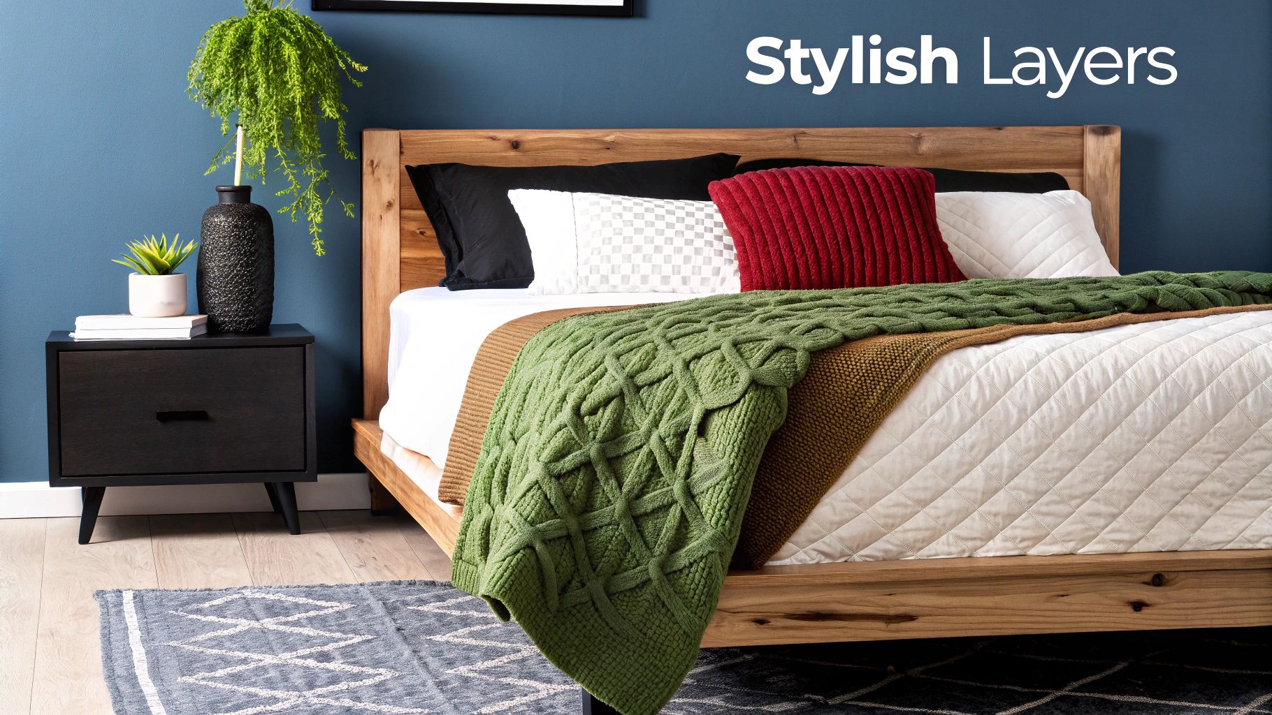 A stylish bedroom features a layered bed with a white quilt, green throw, and colorful pillows, next to a dark nightstand.