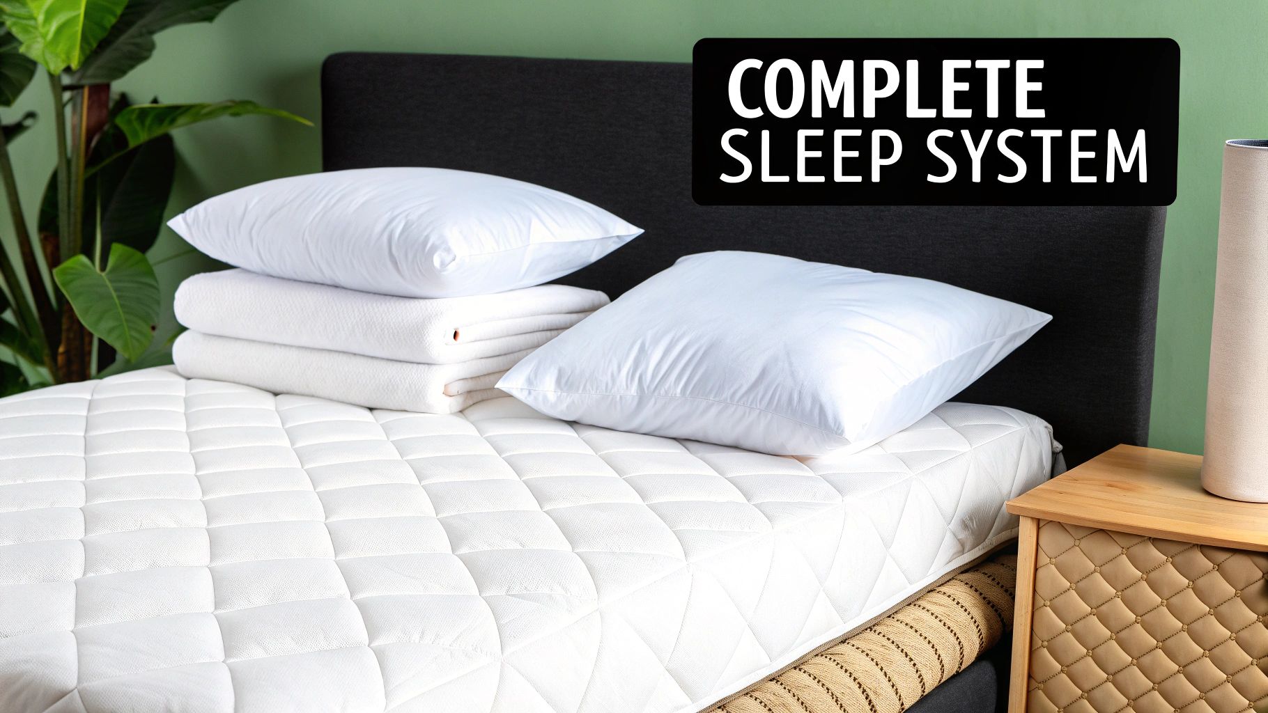 A layered bed with a cooling mattress protector, light duvet, and pillows, creating a complete sleep system.