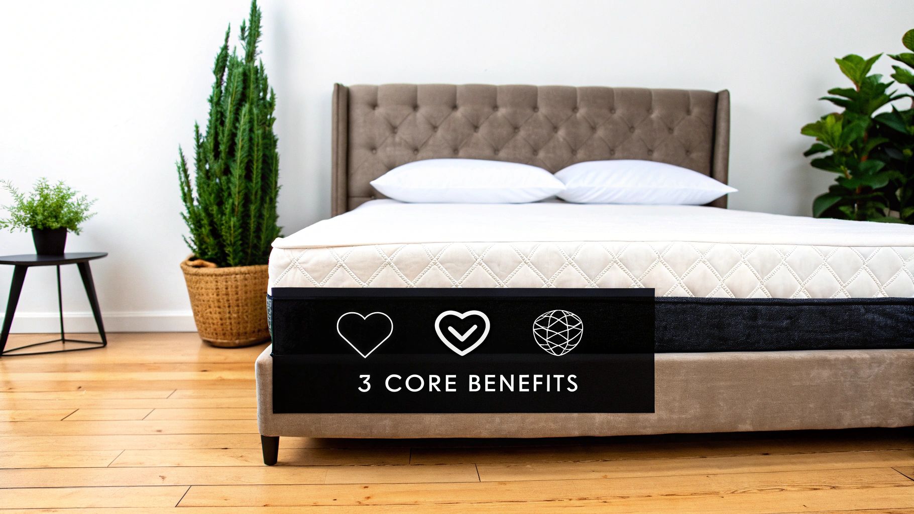 A neatly made bed featuring a plush white mattress topper under the fitted sheet.