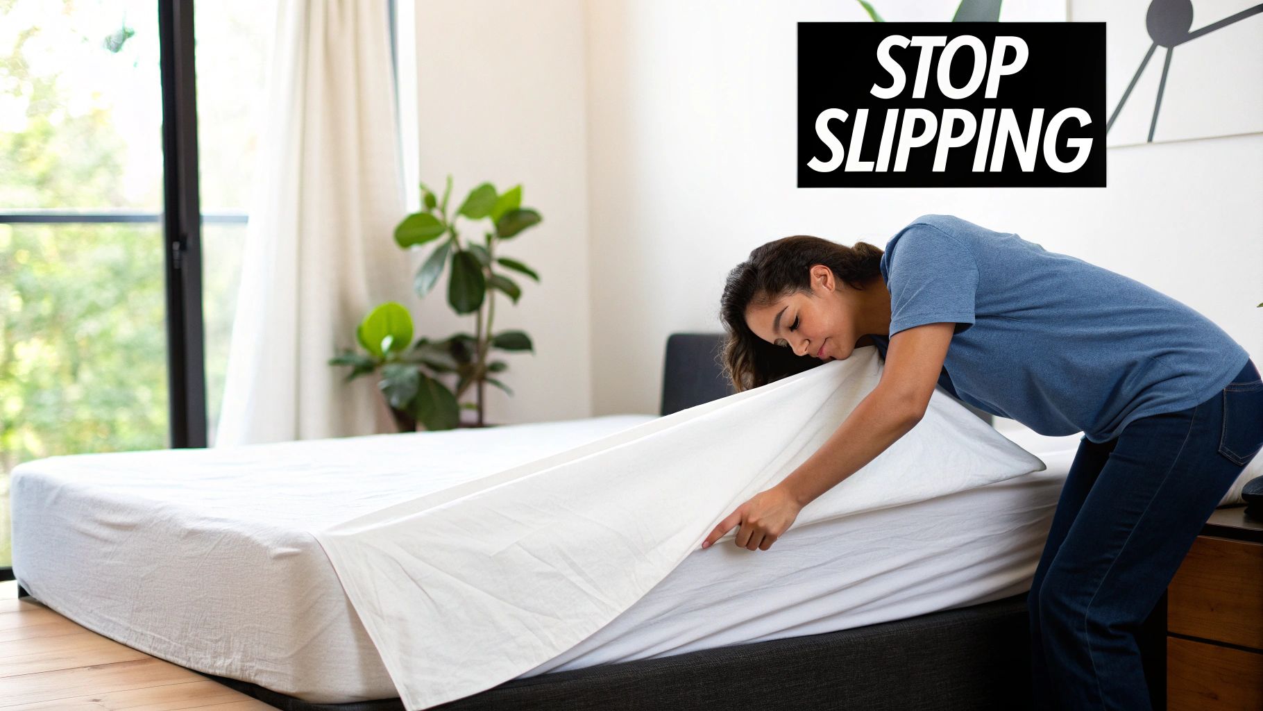 A woman is putting a white fitted sheet onto a mattress in a bright bedroom.
