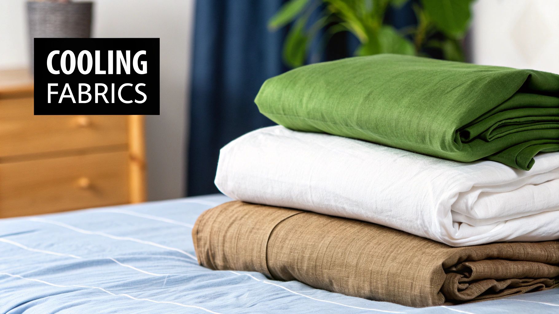A neatly made bed with light-coloured sheets, suggesting a cool and comfortable sleeping environment.